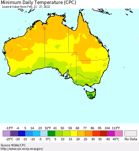 Australia Minimum Daily Temperature (CPC) Thematic Map For 2/21/2022 - 2/27/2022