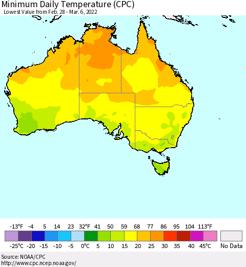 Australia Minimum Daily Temperature (CPC) Thematic Map For 2/28/2022 - 3/6/2022