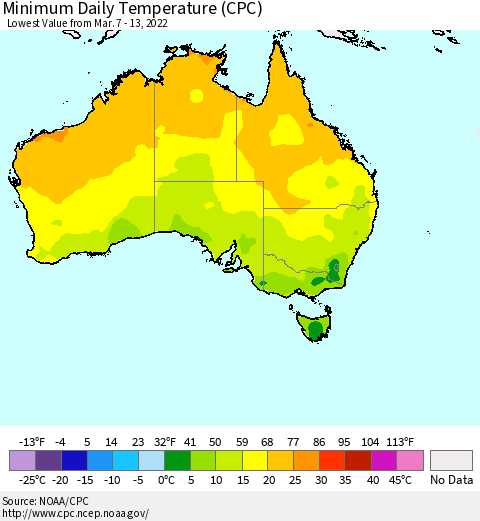 Australia Minimum Daily Temperature (CPC) Thematic Map For 3/7/2022 - 3/13/2022