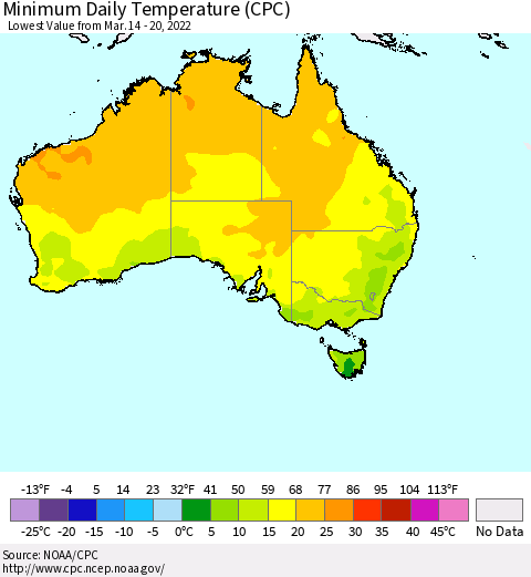 Australia Minimum Daily Temperature (CPC) Thematic Map For 3/14/2022 - 3/20/2022