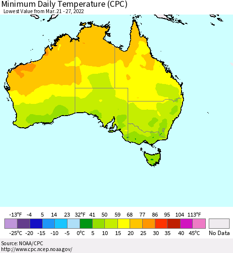 Australia Minimum Daily Temperature (CPC) Thematic Map For 3/21/2022 - 3/27/2022