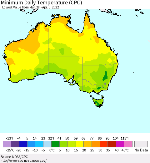 Australia Minimum Daily Temperature (CPC) Thematic Map For 3/28/2022 - 4/3/2022