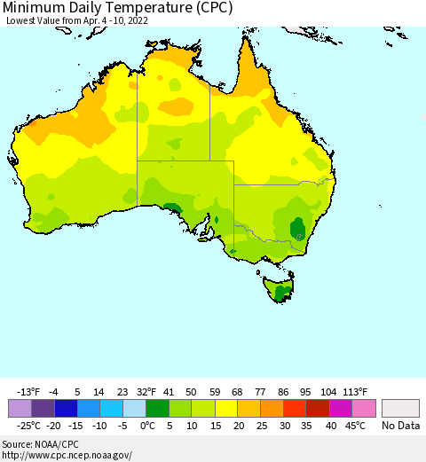 Australia Minimum Daily Temperature (CPC) Thematic Map For 4/4/2022 - 4/10/2022