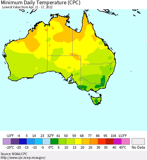 Australia Minimum Daily Temperature (CPC) Thematic Map For 4/11/2022 - 4/17/2022