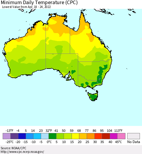 Australia Minimum Daily Temperature (CPC) Thematic Map For 4/18/2022 - 4/24/2022