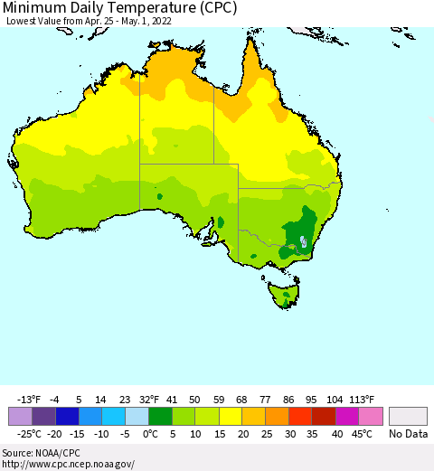 Australia Minimum Daily Temperature (CPC) Thematic Map For 4/25/2022 - 5/1/2022