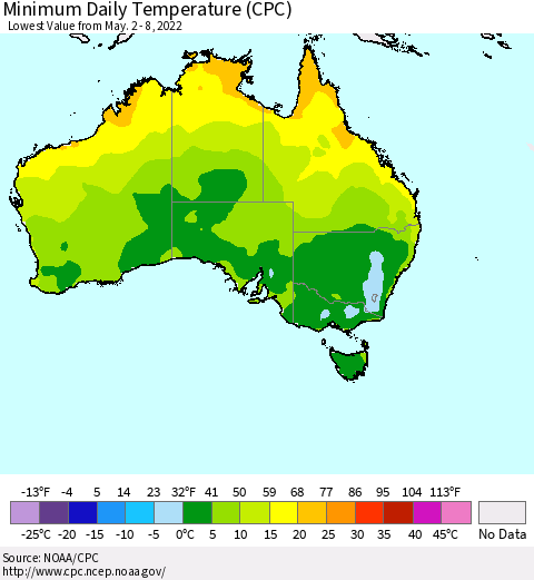 Australia Minimum Daily Temperature (CPC) Thematic Map For 5/2/2022 - 5/8/2022