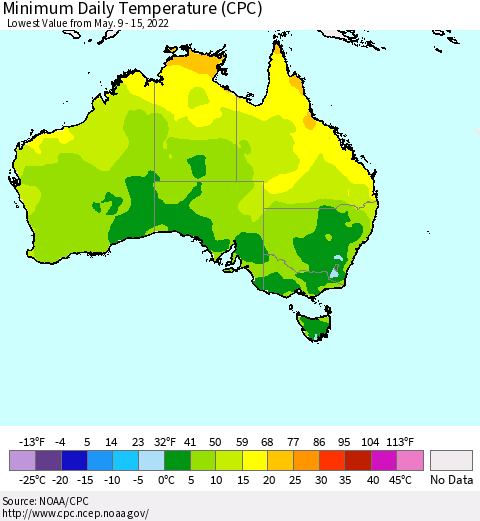 Australia Minimum Daily Temperature (CPC) Thematic Map For 5/9/2022 - 5/15/2022