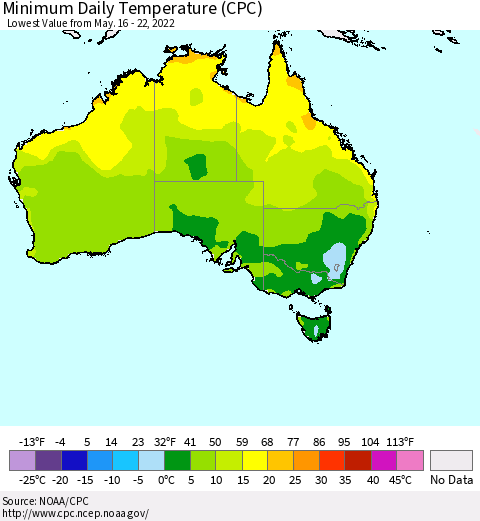 Australia Minimum Daily Temperature (CPC) Thematic Map For 5/16/2022 - 5/22/2022