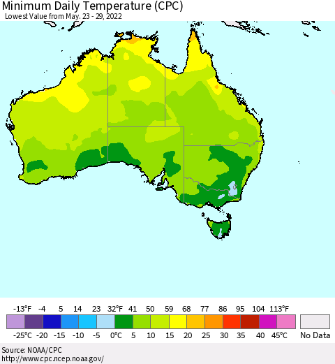Australia Minimum Daily Temperature (CPC) Thematic Map For 5/23/2022 - 5/29/2022