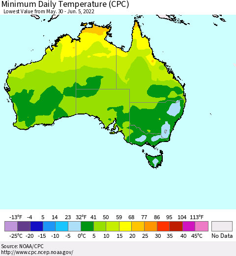 Australia Minimum Daily Temperature (CPC) Thematic Map For 5/30/2022 - 6/5/2022