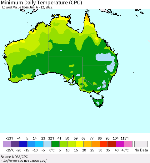 Australia Minimum Daily Temperature (CPC) Thematic Map For 6/6/2022 - 6/12/2022