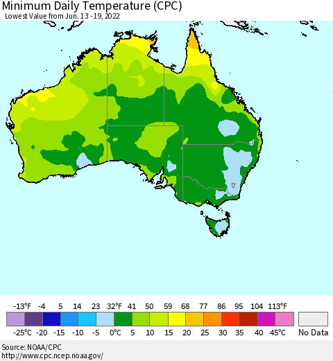 Australia Minimum Daily Temperature (CPC) Thematic Map For 6/13/2022 - 6/19/2022