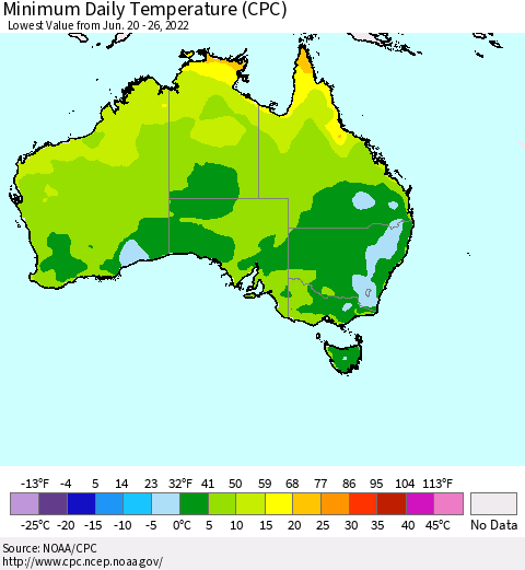 Australia Minimum Daily Temperature (CPC) Thematic Map For 6/20/2022 - 6/26/2022