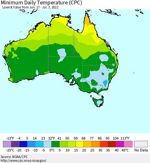 Australia Minimum Daily Temperature (CPC) Thematic Map For 6/27/2022 - 7/3/2022