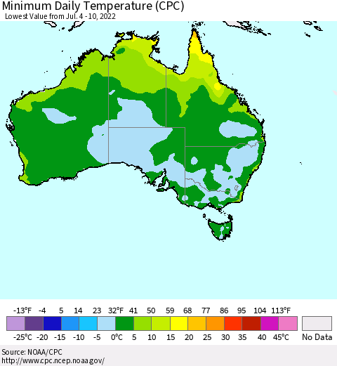 Australia Minimum Daily Temperature (CPC) Thematic Map For 7/4/2022 - 7/10/2022