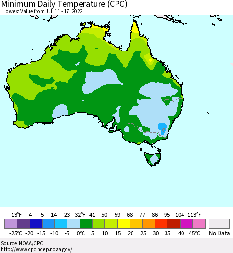 Australia Minimum Daily Temperature (CPC) Thematic Map For 7/11/2022 - 7/17/2022