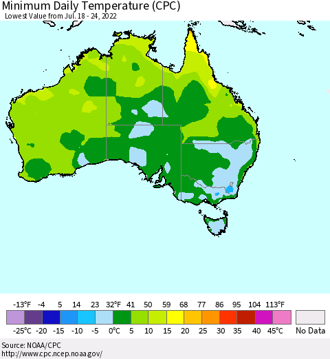Australia Minimum Daily Temperature (CPC) Thematic Map For 7/18/2022 - 7/24/2022