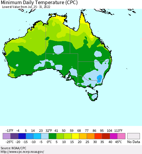 Australia Minimum Daily Temperature (CPC) Thematic Map For 7/25/2022 - 7/31/2022
