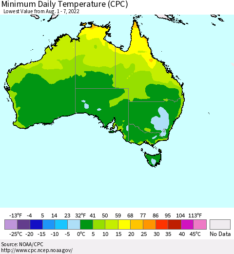 Australia Minimum Daily Temperature (CPC) Thematic Map For 8/1/2022 - 8/7/2022
