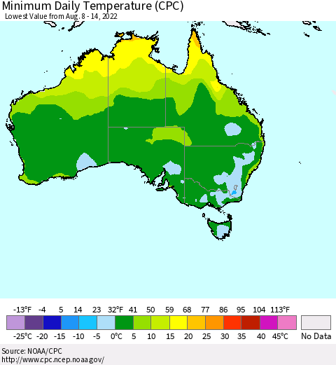 Australia Minimum Daily Temperature (CPC) Thematic Map For 8/8/2022 - 8/14/2022