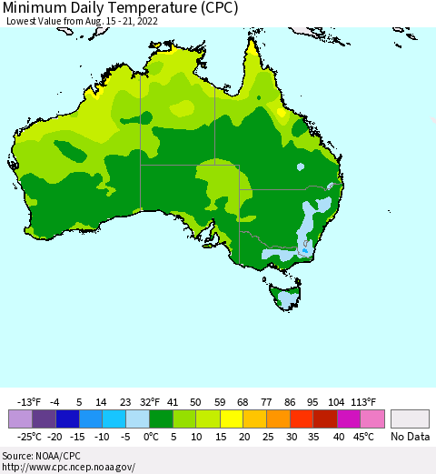 Australia Minimum Daily Temperature (CPC) Thematic Map For 8/15/2022 - 8/21/2022
