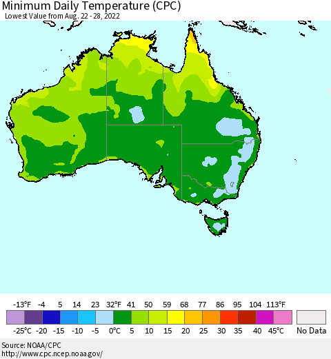 Australia Minimum Daily Temperature (CPC) Thematic Map For 8/22/2022 - 8/28/2022