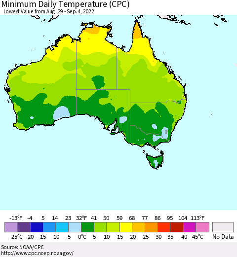 Australia Minimum Daily Temperature (CPC) Thematic Map For 8/29/2022 - 9/4/2022