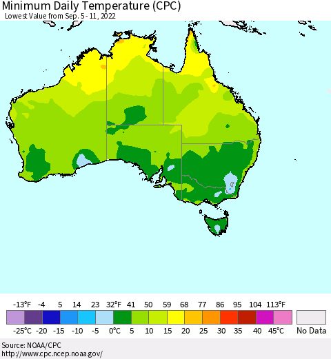 Australia Minimum Daily Temperature (CPC) Thematic Map For 9/5/2022 - 9/11/2022