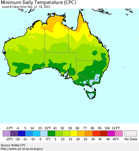 Australia Minimum Daily Temperature (CPC) Thematic Map For 9/12/2022 - 9/18/2022