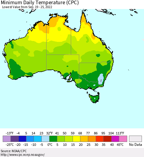 Australia Minimum Daily Temperature (CPC) Thematic Map For 9/19/2022 - 9/25/2022