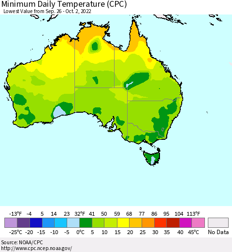 Australia Minimum Daily Temperature (CPC) Thematic Map For 9/26/2022 - 10/2/2022