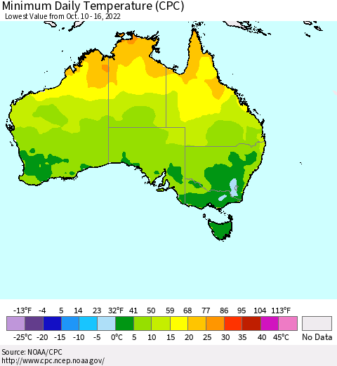 Australia Minimum Daily Temperature (CPC) Thematic Map For 10/10/2022 - 10/16/2022