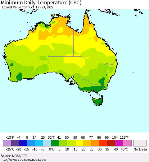 Australia Minimum Daily Temperature (CPC) Thematic Map For 10/17/2022 - 10/23/2022