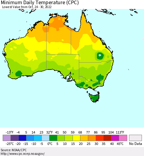 Australia Minimum Daily Temperature (CPC) Thematic Map For 10/24/2022 - 10/30/2022