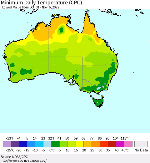 Australia Minimum Daily Temperature (CPC) Thematic Map For 10/31/2022 - 11/6/2022