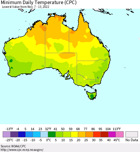 Australia Minimum Daily Temperature (CPC) Thematic Map For 11/7/2022 - 11/13/2022