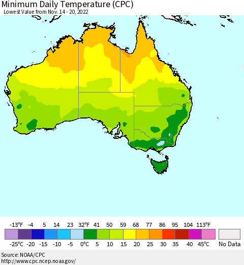 Australia Minimum Daily Temperature (CPC) Thematic Map For 11/14/2022 - 11/20/2022