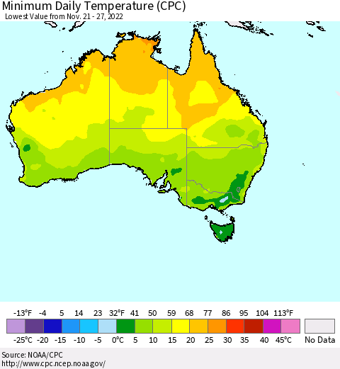 Australia Minimum Daily Temperature (CPC) Thematic Map For 11/21/2022 - 11/27/2022
