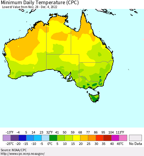 Australia Minimum Daily Temperature (CPC) Thematic Map For 11/28/2022 - 12/4/2022