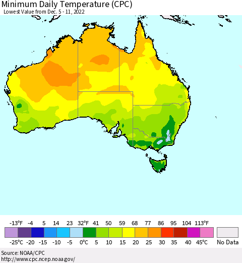 Australia Minimum Daily Temperature (CPC) Thematic Map For 12/5/2022 - 12/11/2022