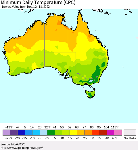 Australia Minimum Daily Temperature (CPC) Thematic Map For 12/12/2022 - 12/18/2022