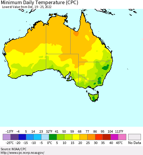 Australia Minimum Daily Temperature (CPC) Thematic Map For 12/19/2022 - 12/25/2022
