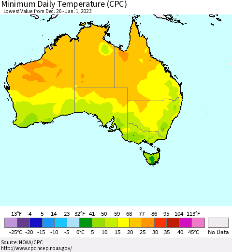 Australia Minimum Daily Temperature (CPC) Thematic Map For 12/26/2022 - 1/1/2023