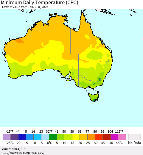 Australia Minimum Daily Temperature (CPC) Thematic Map For 1/2/2023 - 1/8/2023