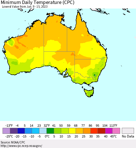 Australia Minimum Daily Temperature (CPC) Thematic Map For 1/9/2023 - 1/15/2023