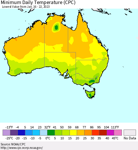 Australia Minimum Daily Temperature (CPC) Thematic Map For 1/16/2023 - 1/22/2023