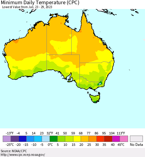 Australia Minimum Daily Temperature (CPC) Thematic Map For 1/23/2023 - 1/29/2023