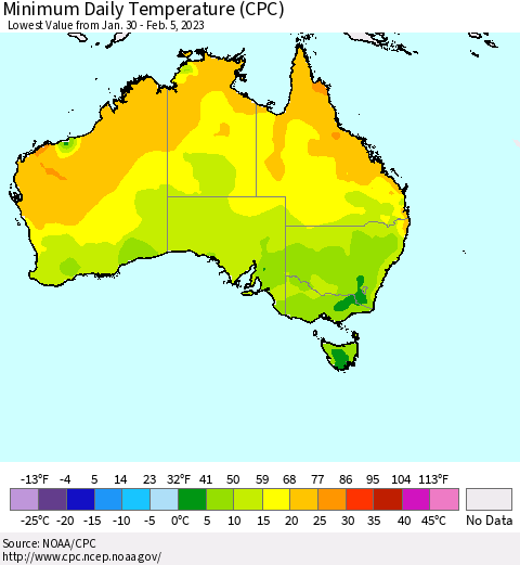 Australia Minimum Daily Temperature (CPC) Thematic Map For 1/30/2023 - 2/5/2023
