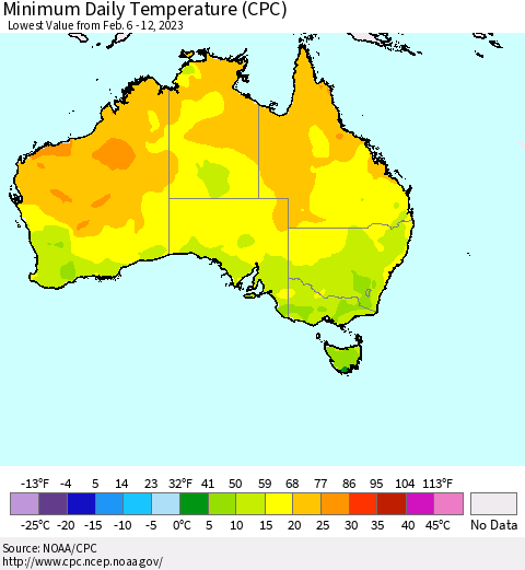 Australia Minimum Daily Temperature (CPC) Thematic Map For 2/6/2023 - 2/12/2023